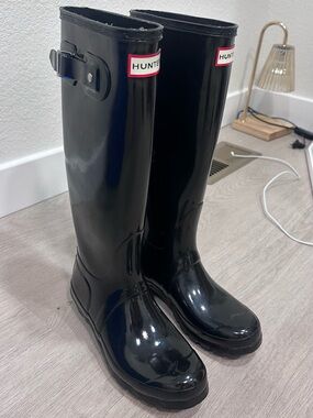 Hunter Black Gloss Knee-High Rain Boots with Logo